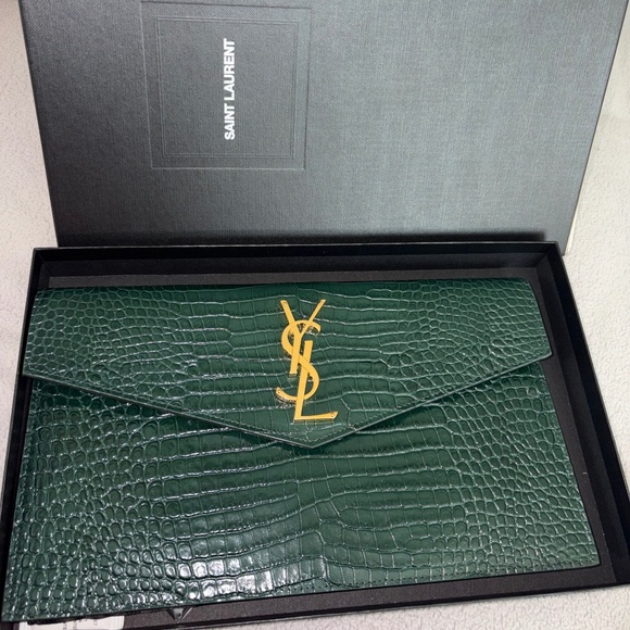 SAINT LAURENT YSL Dark Mint Green Uptown Croc Print Med Envelope Pouch Clutch - Picture 11 of 12